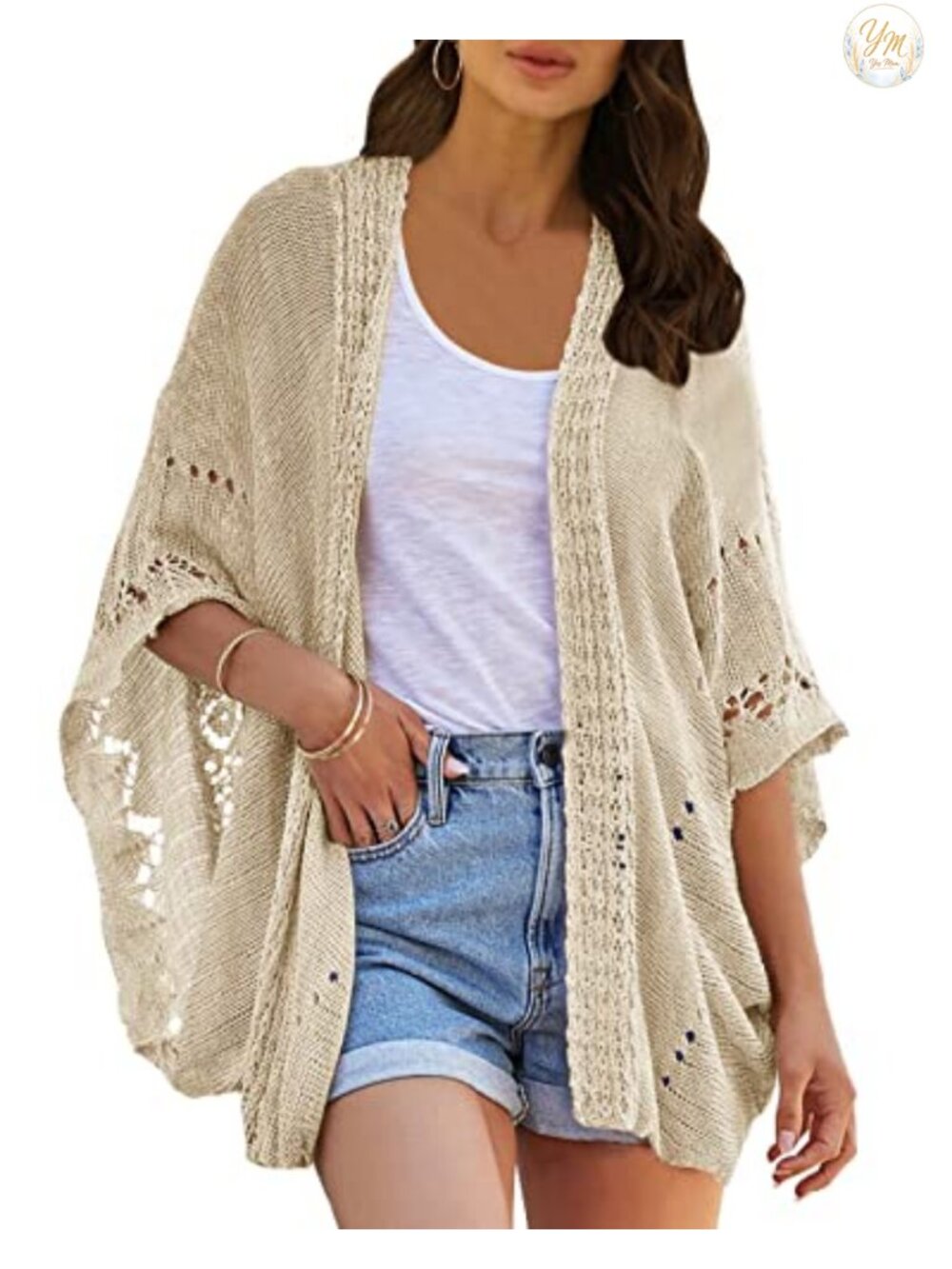 Crochet Knit Cardigan Sweater for Women Open Front Kimono Batwing Sleeve